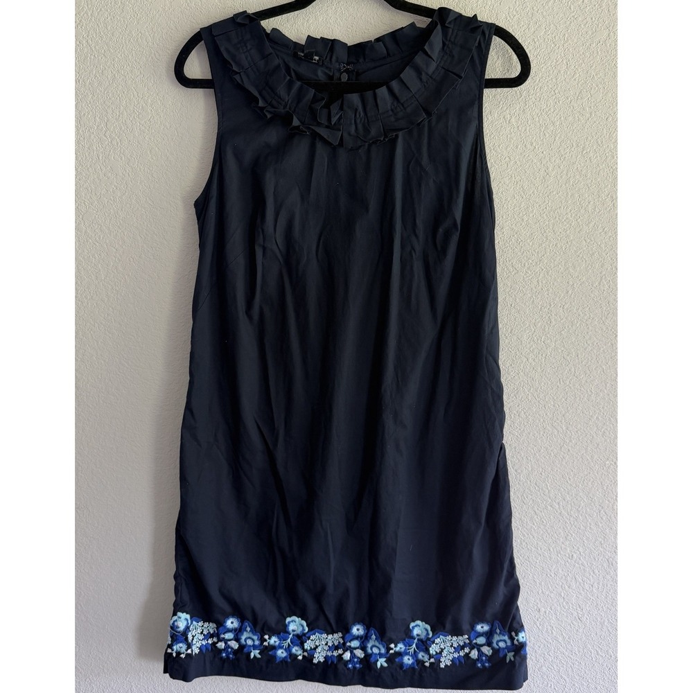 Talbots Embroidered Pleat Neck Shift Dress Size 10P Petites Navy Preppy Classic